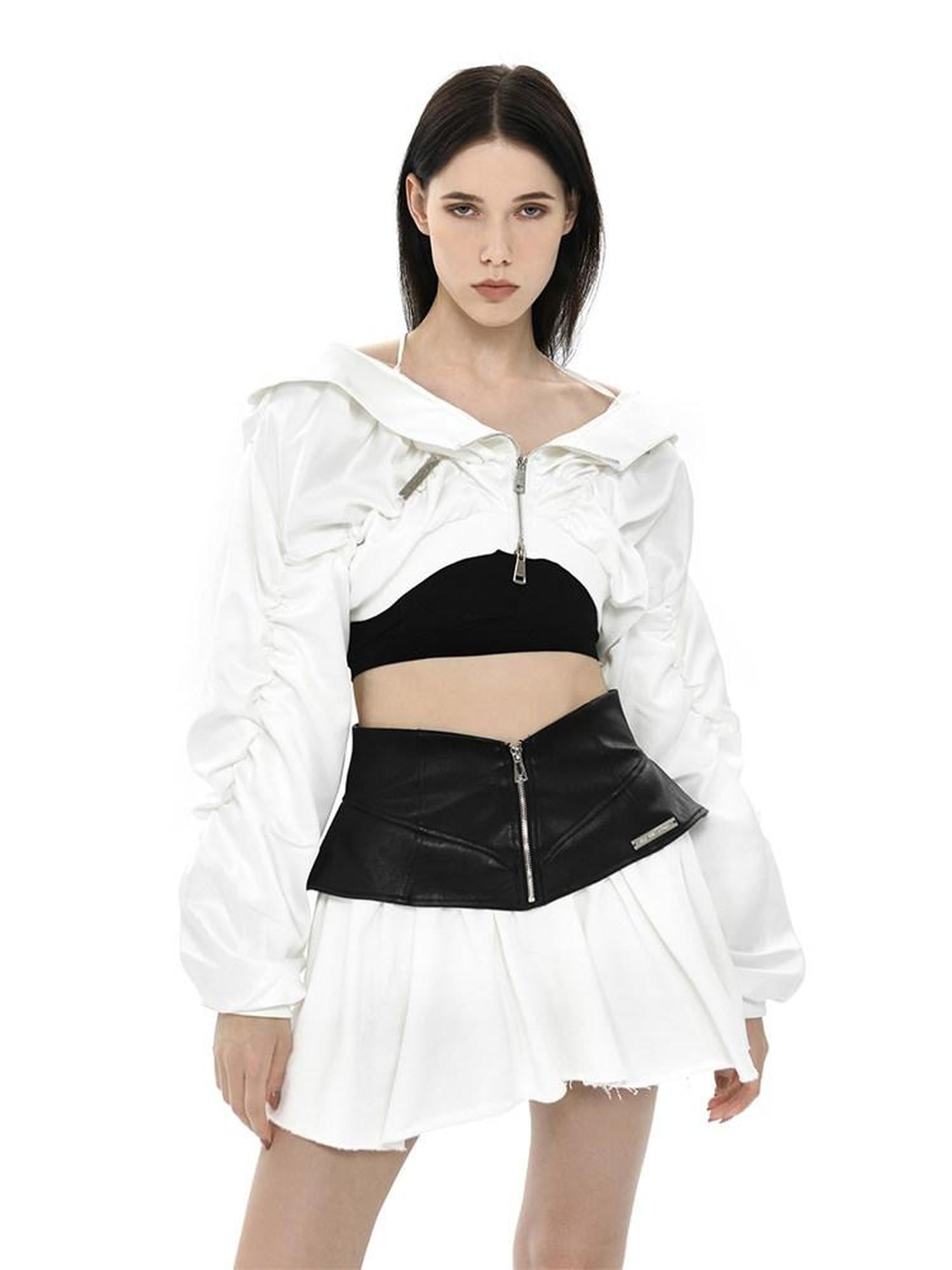 ANYQUESTION Black White Leather Panel V Structured A Line Women&