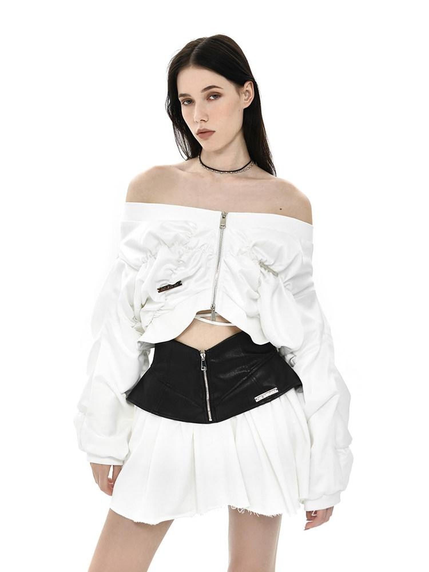 ANYQUESTION Black White Leather Panel V Structured A Line Women&