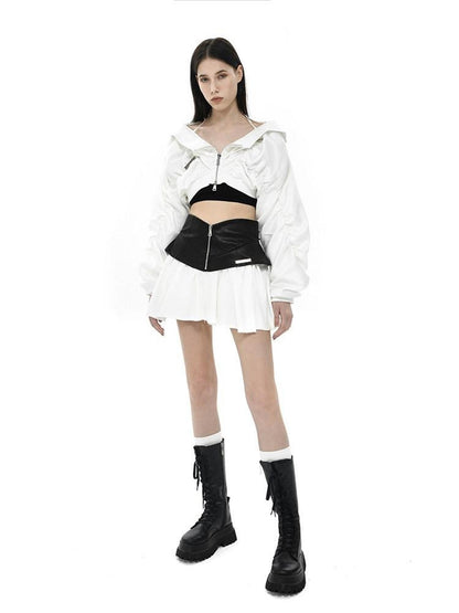 ANYQUESTION Black White Leather Panel V Structured A Line Women&