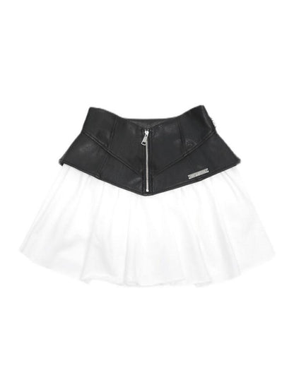 ANYQUESTION Black White Leather Panel V Structured A Line Women&