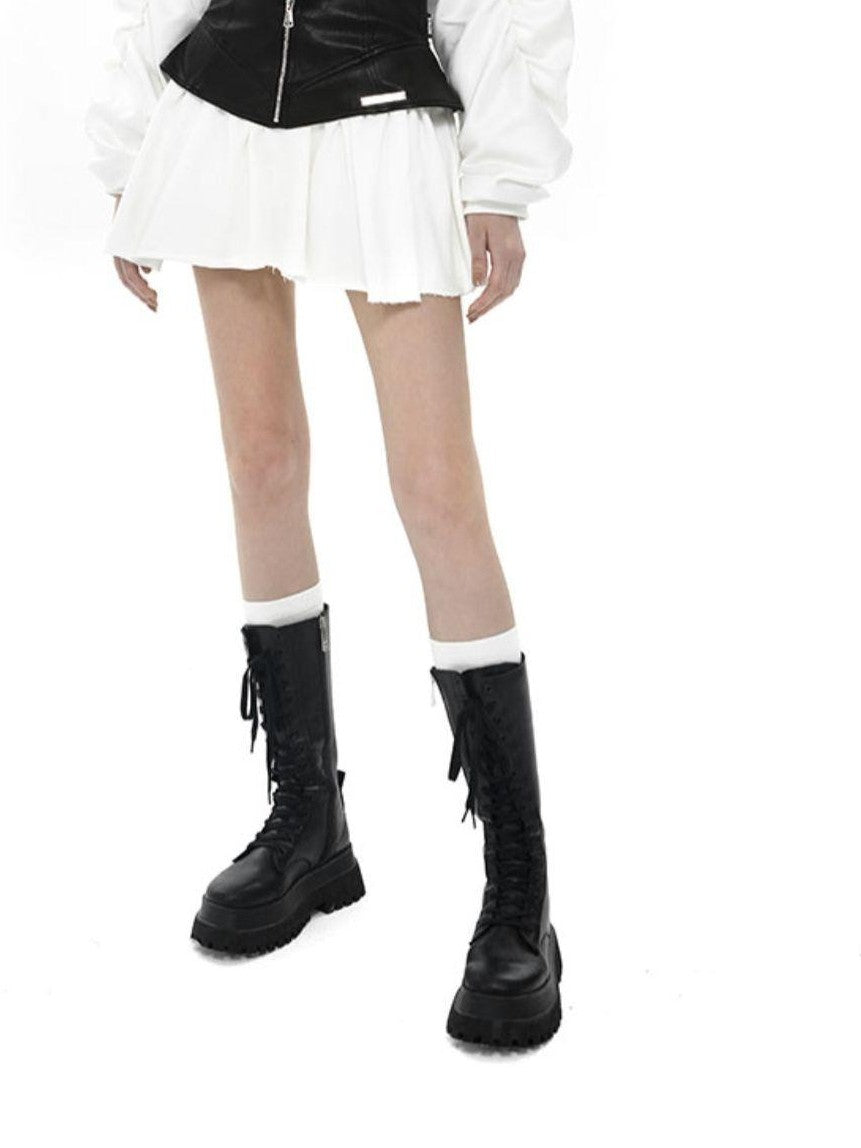 ANYQUESTION Black White Leather Panel V Structured A Line Women&