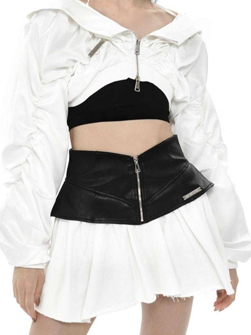 ANYQUESTION Black White Leather Panel V Structured A Line Women&