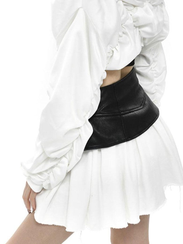 ANYQUESTION Black White Leather Panel V Structured A Line Women&