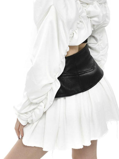 ANYQUESTION Black White Leather Panel V Structured A Line Women&