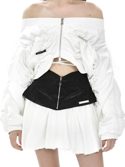 ANYQUESTION Black White Leather Panel V Structured A Line Women&