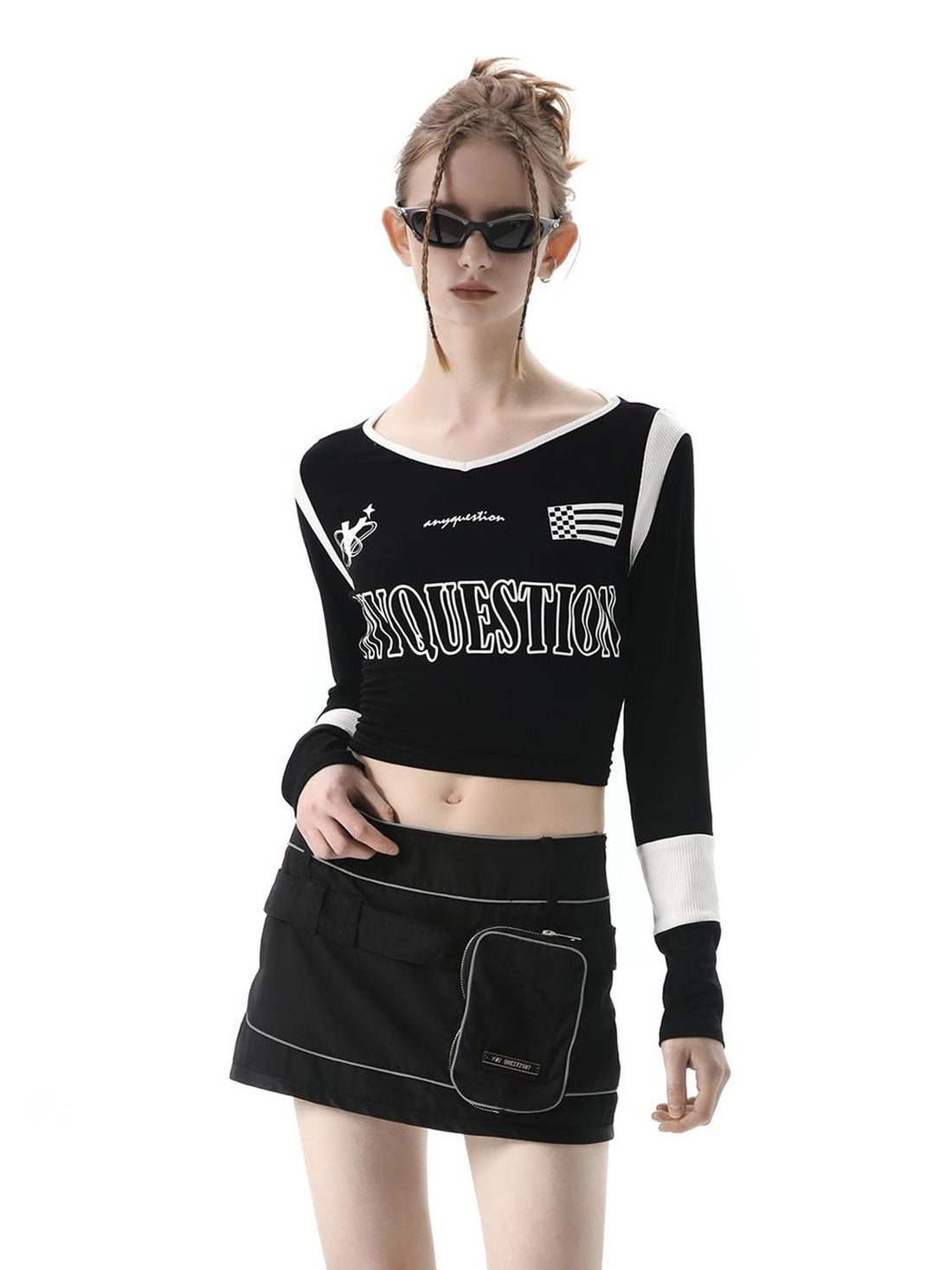 ANYQUESTION Black White Letter Print Back Tie V-neck Women&