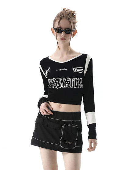 ANYQUESTION Black White Letter Print Back Tie V-neck Women&