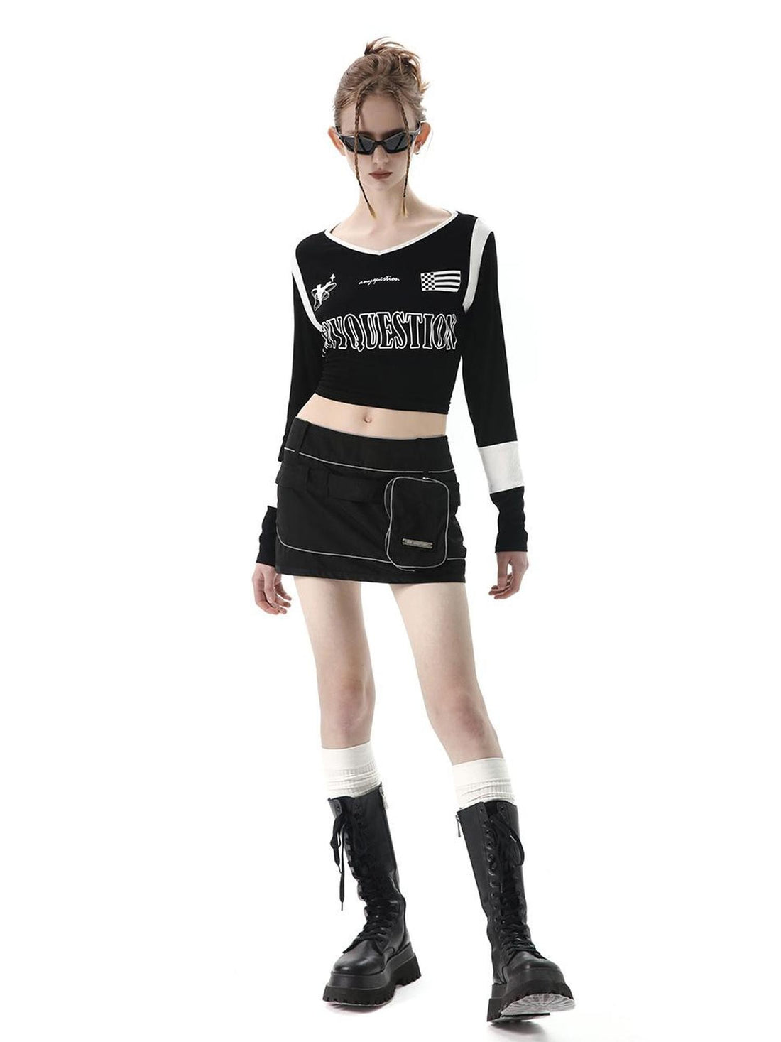 ANYQUESTION Black White Letter Print Back Tie V-neck Women&