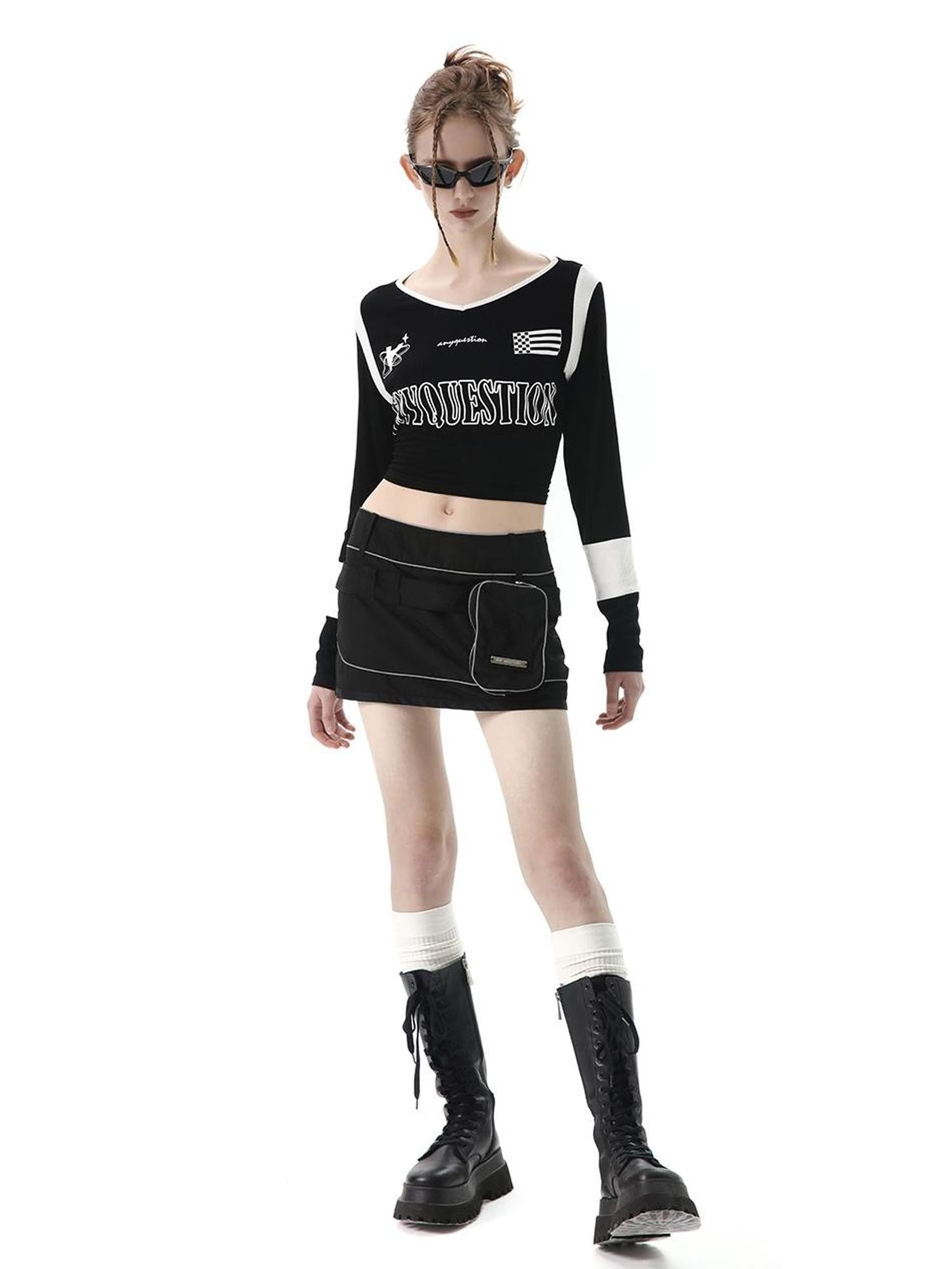 ANYQUESTION Black White Letter Print Back Tie V-neck Women&