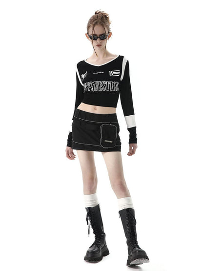 ANYQUESTION Black White Letter Print Back Tie V-neck Women&