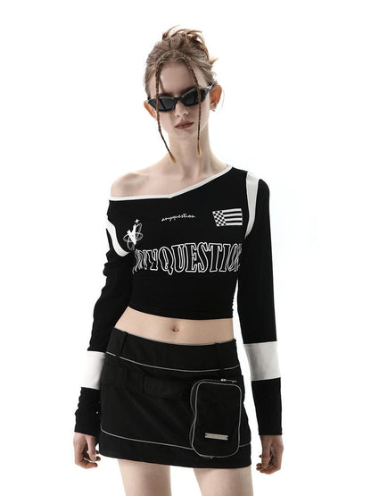 ANYQUESTION Black White Letter Print Back Tie V-neck Women&