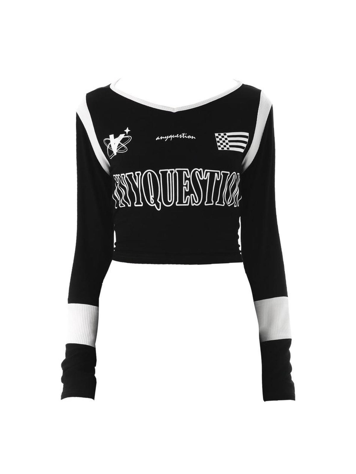 ANYQUESTION Black White Letter Print Back Tie V-neck Women&