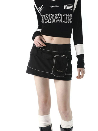 ANYQUESTION Black White Letter Print Back Tie V-neck Women&