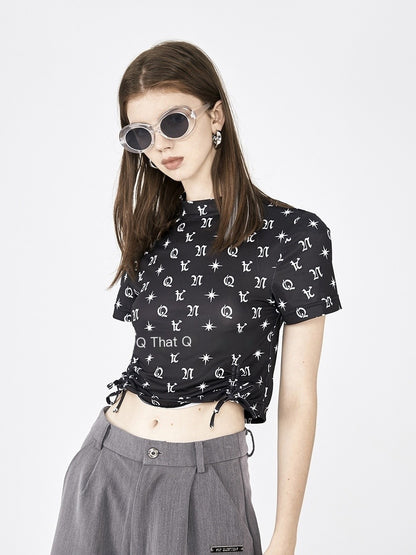 ANYQUESTION_Black_White_Letter_Print_Drawstring_Short_Sleeve_Women&