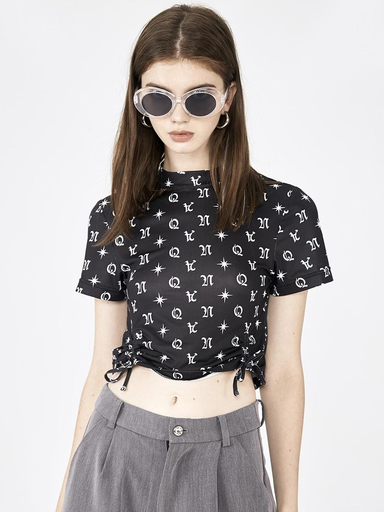 ANYQUESTION Black White Letter Print Drawstring Short Sleeve Women&