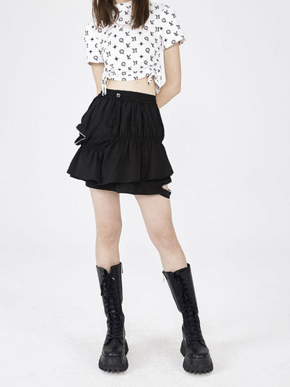 ANYQUESTION Black White Letter Print Drawstring Short Sleeve Women&
