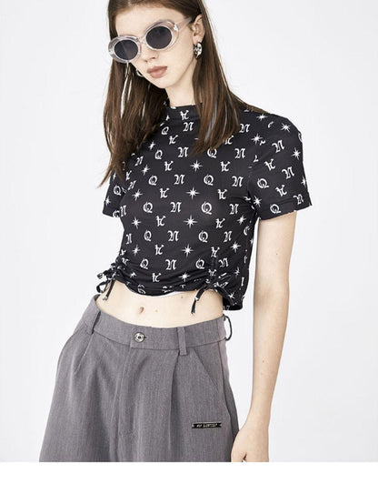 ANYQUESTION Black White Letter Print Drawstring Short Sleeve Women&