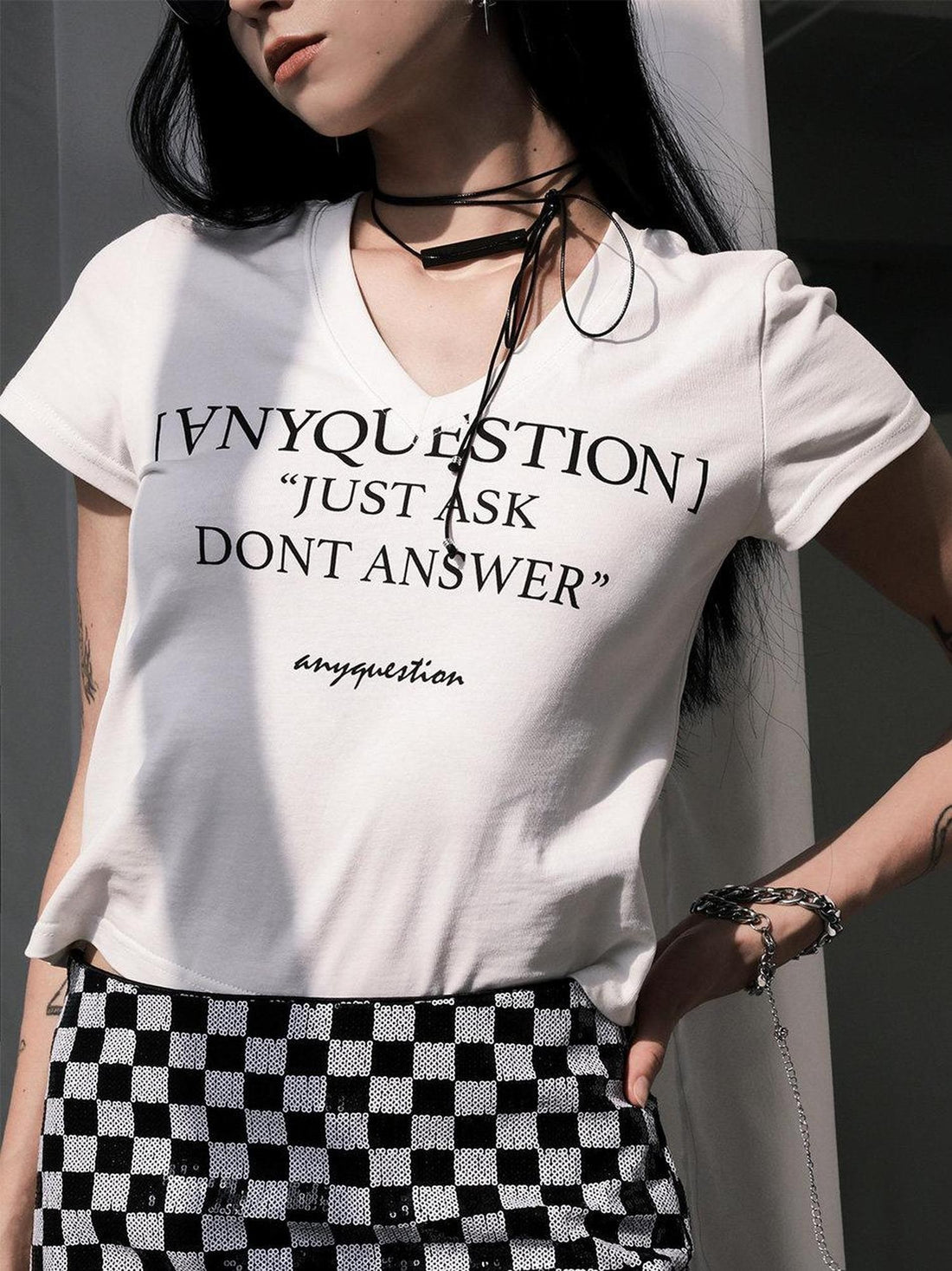 ANYQUESTION Black White Letter Print V-neck Slim Women&