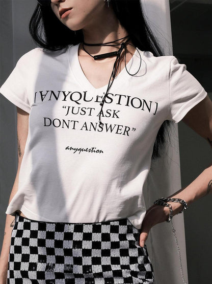 ANYQUESTION Black White Letter Print V-neck Slim Women&