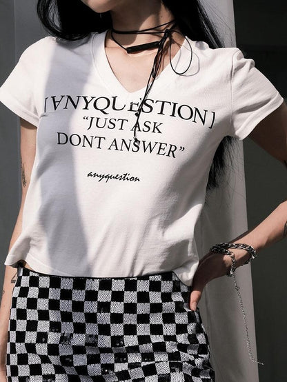 ANYQUESTION Black White Letter Print V-neck Slim Women&