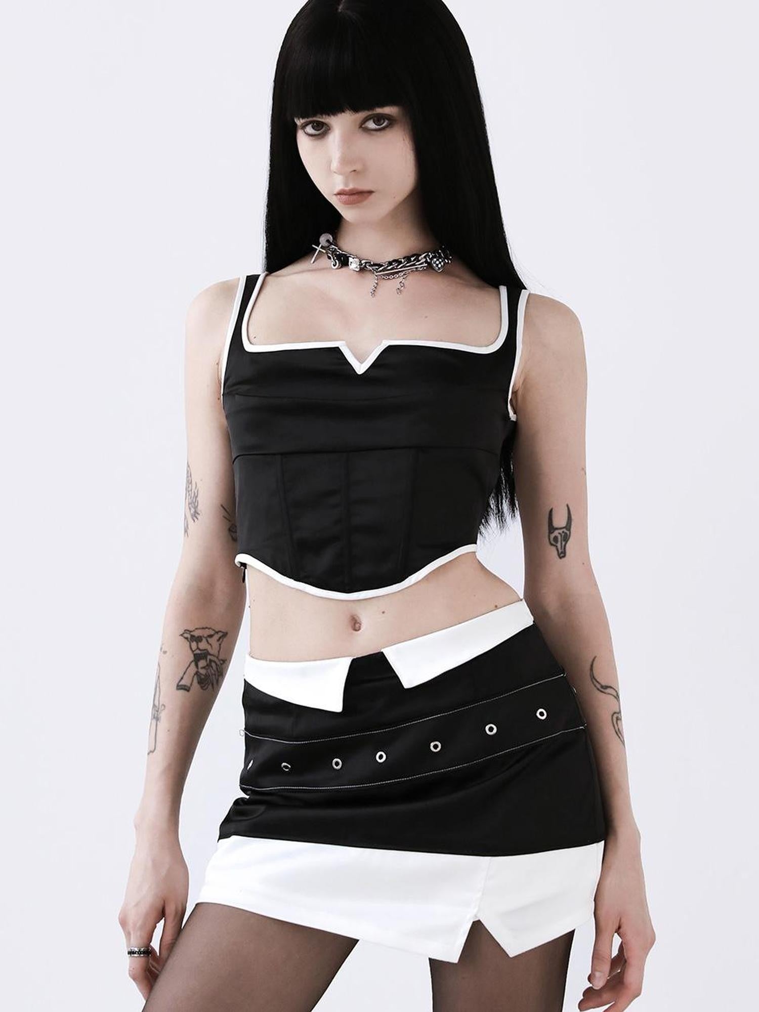 ANYQUESTION Black White Piped Straight Neck Boned Women&