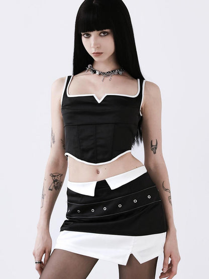 ANYQUESTION Black White Piped Straight Neck Boned Women&