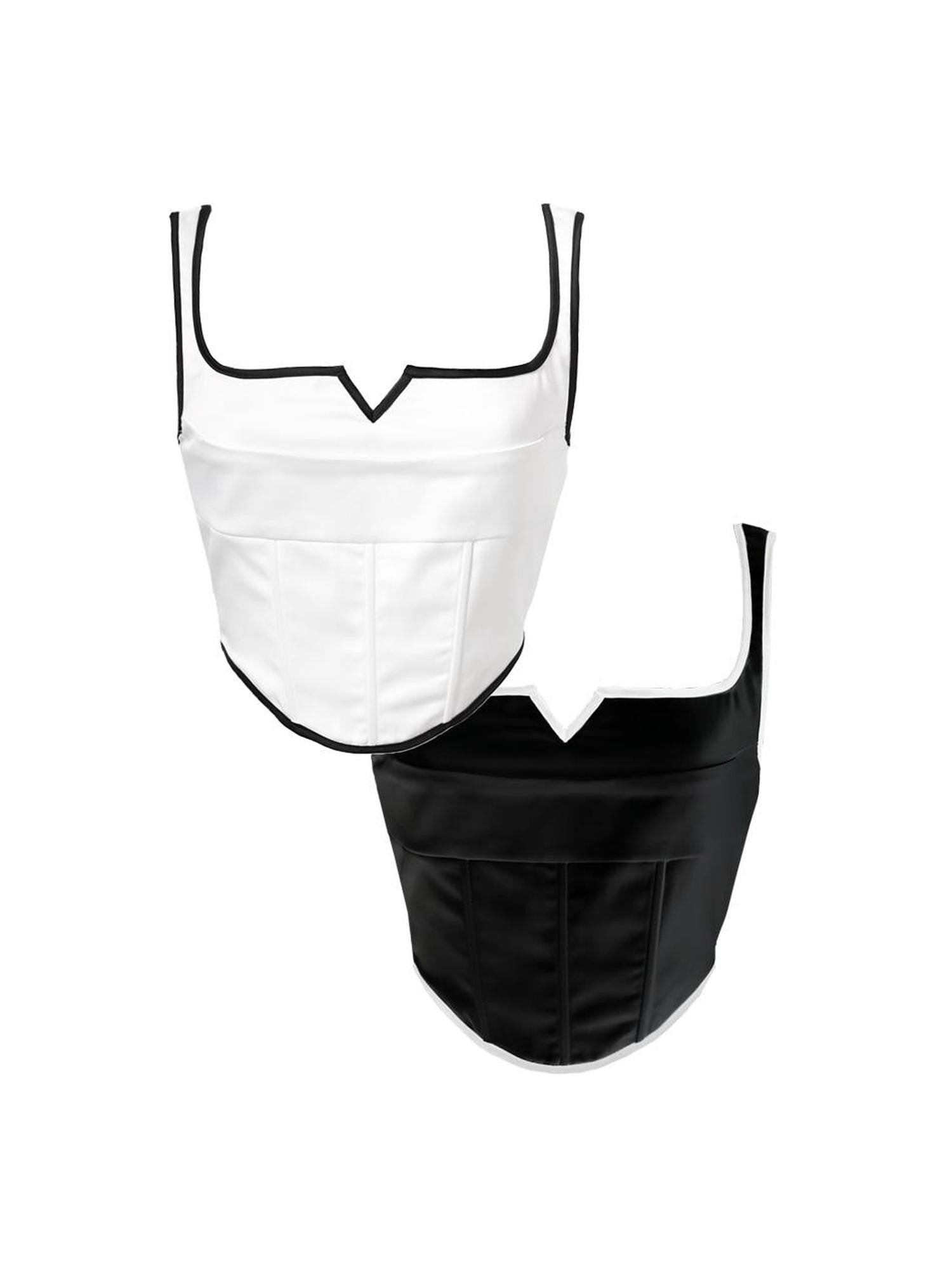 ANYQUESTION Black White Piped Straight Neck Boned Women&