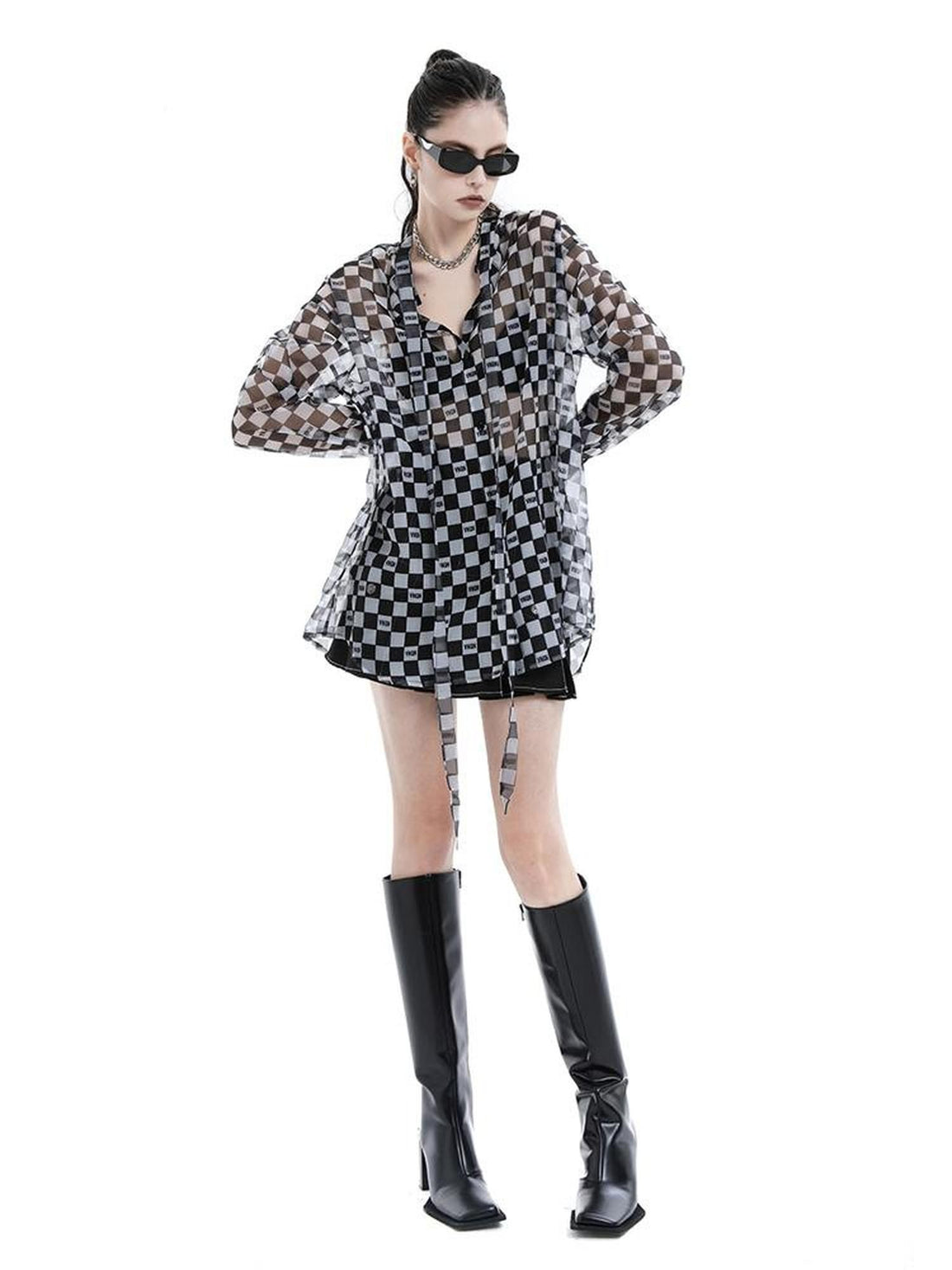 ANYQUESTION Black White Plaid Lace Up Loose Long Sleeve Women&