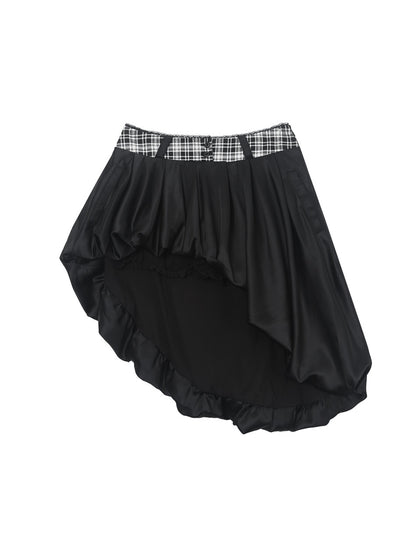 ANYQUESTION_Black_White_Plaid_Waist_Panel_Uneven_Tulip_Hem_Women&