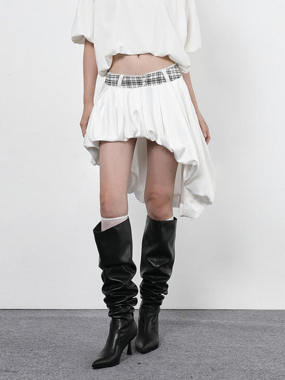 ANYQUESTION Black White Plaid Waist Panel Uneven Tulip Hem Women&
