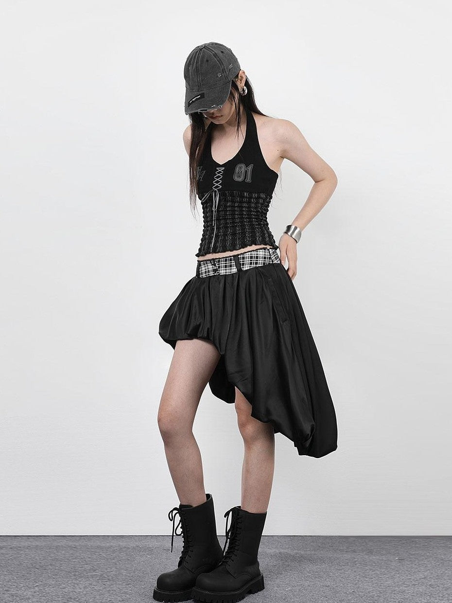 ANYQUESTION Black White Plaid Waist Panel Uneven Tulip Hem Women&