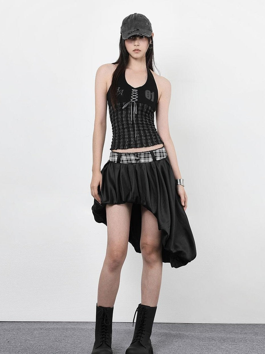 ANYQUESTION Black White Plaid Waist Panel Uneven Tulip Hem Women&