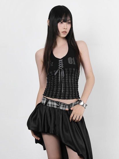 ANYQUESTION Black White Plaid Waist Panel Uneven Tulip Hem Women&