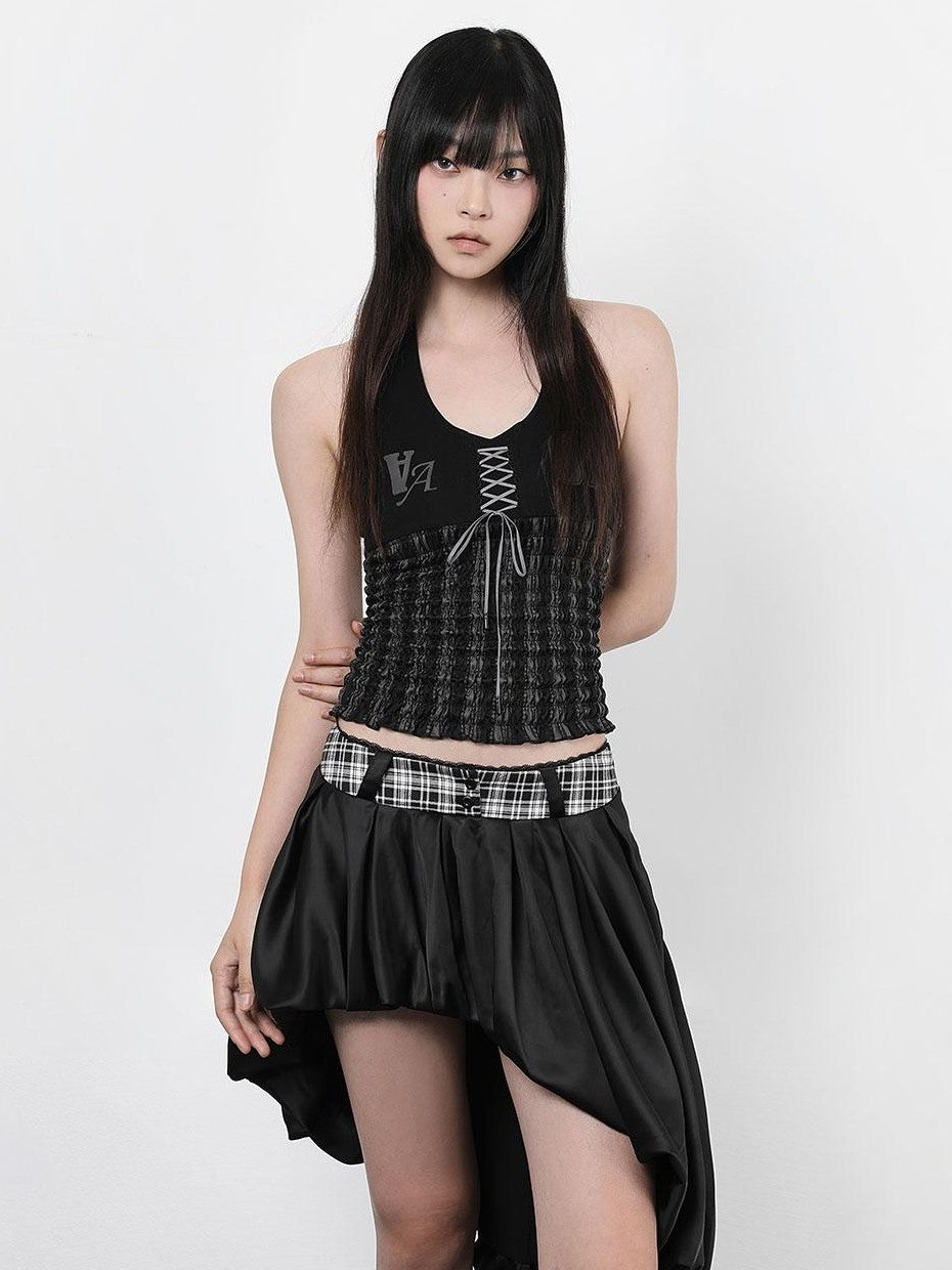ANYQUESTION Black White Plaid Waist Panel Uneven Tulip Hem Women&