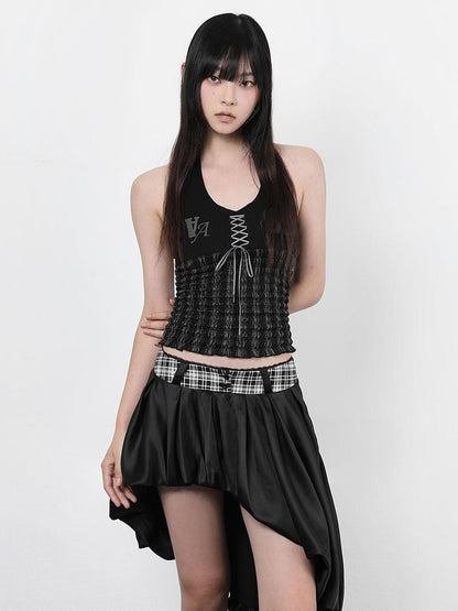 ANYQUESTION Black White Plaid Waist Panel Uneven Tulip Hem Women&
