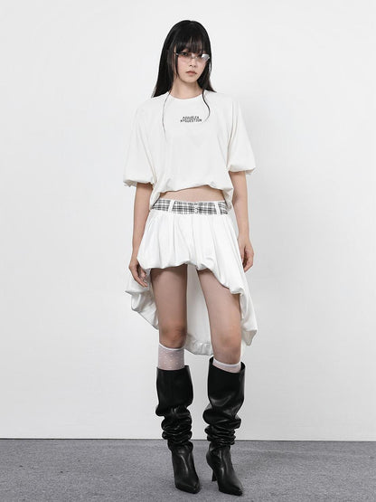 ANYQUESTION Black White Plaid Waist Panel Uneven Tulip Hem Women&