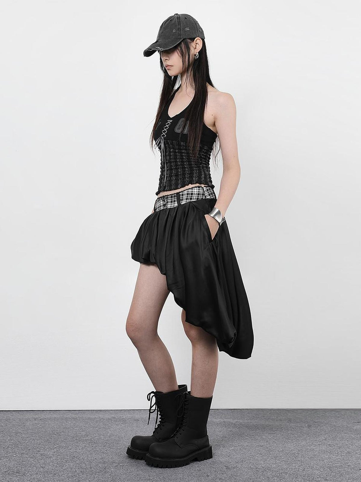 ANYQUESTION Black White Plaid Waist Panel Uneven Tulip Hem Women&