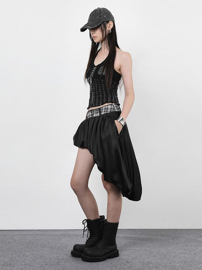 ANYQUESTION Black White Plaid Waist Panel Uneven Tulip Hem Women&