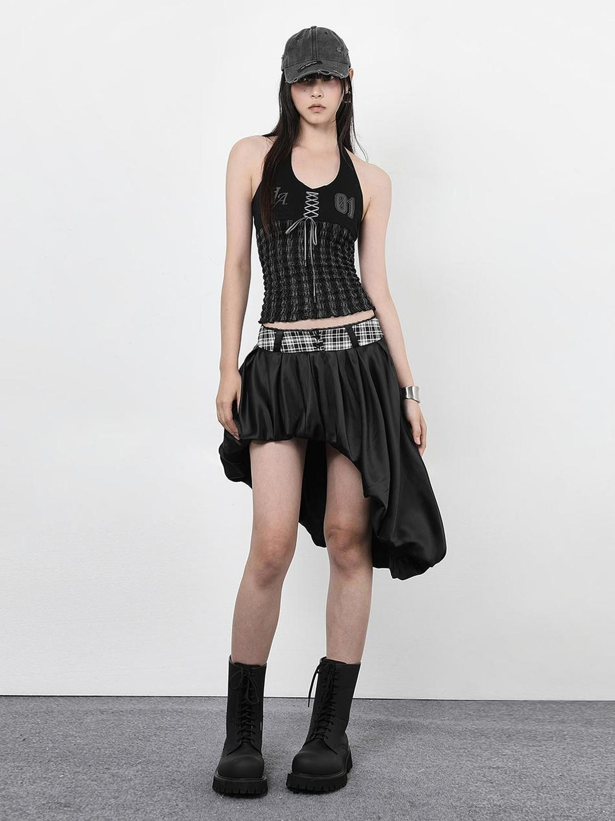 ANYQUESTION Black White Plaid Waist Panel Uneven Tulip Hem Women&