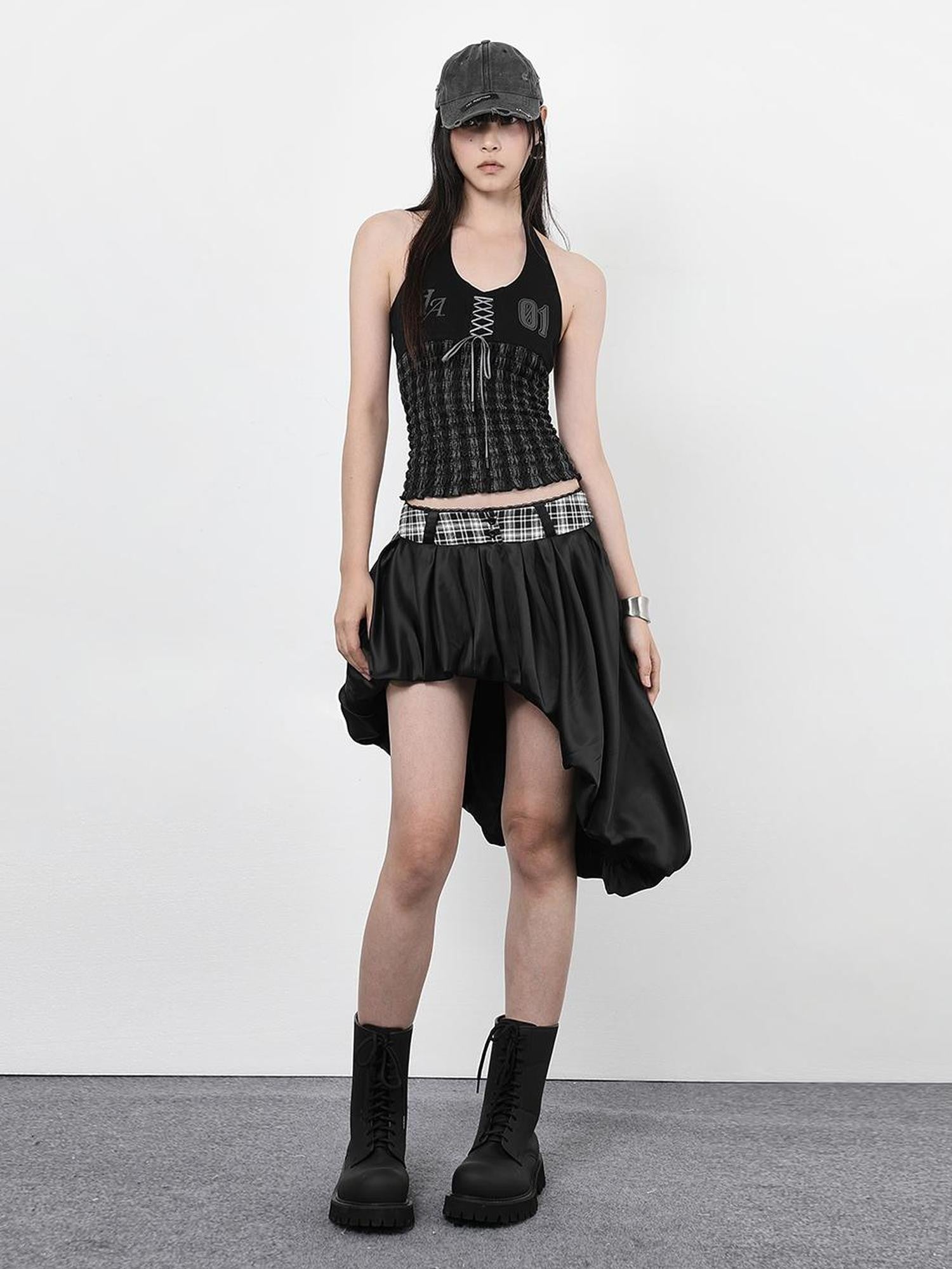 ANYQUESTION Black White Plaid Waist Panel Uneven Tulip Hem Women&