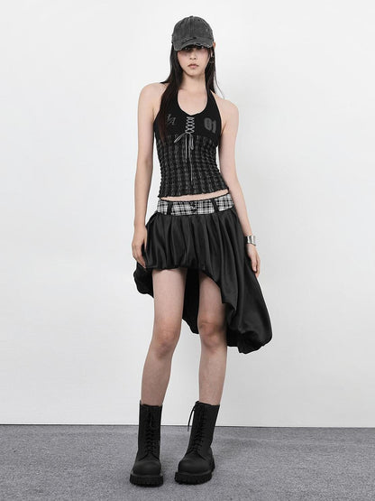 ANYQUESTION Black White Plaid Waist Panel Uneven Tulip Hem Women&