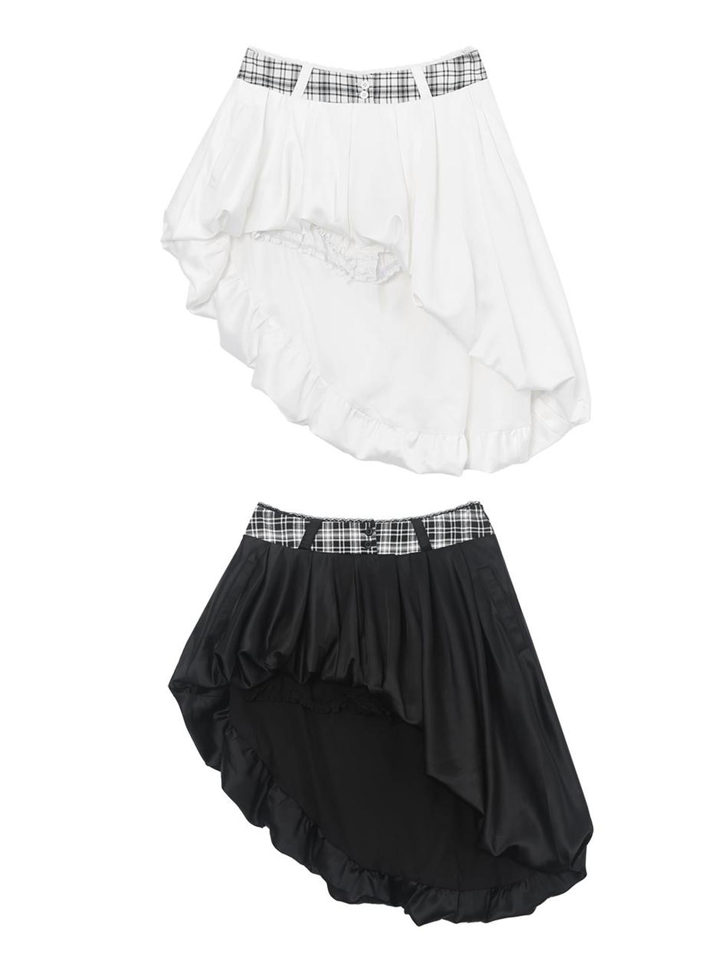 ANYQUESTION Black White Plaid Waist Panel Uneven Tulip Hem Women&