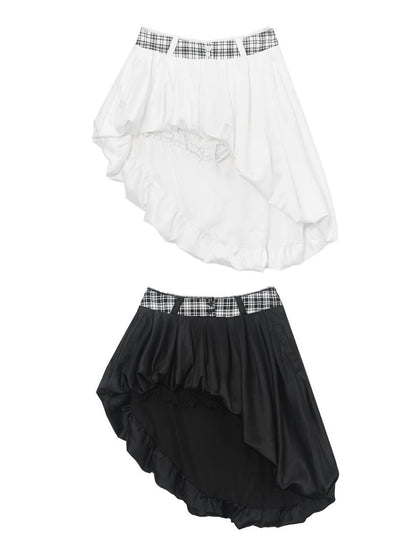 ANYQUESTION Black White Plaid Waist Panel Uneven Tulip Hem Women&