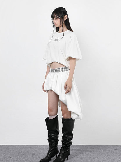 ANYQUESTION Black White Plaid Waist Panel Uneven Tulip Hem Women&