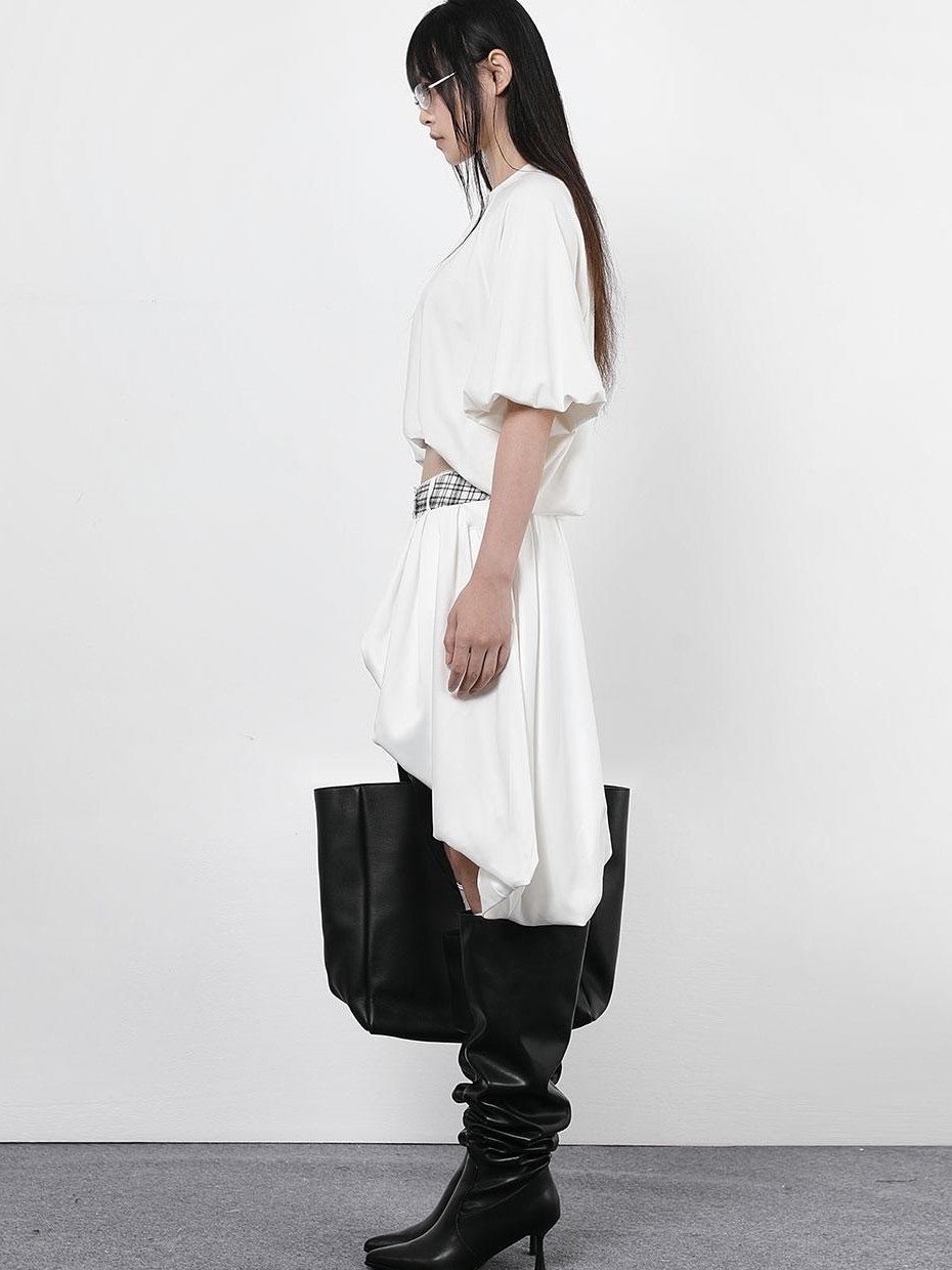 ANYQUESTION Black White Plaid Waist Panel Uneven Tulip Hem Women&