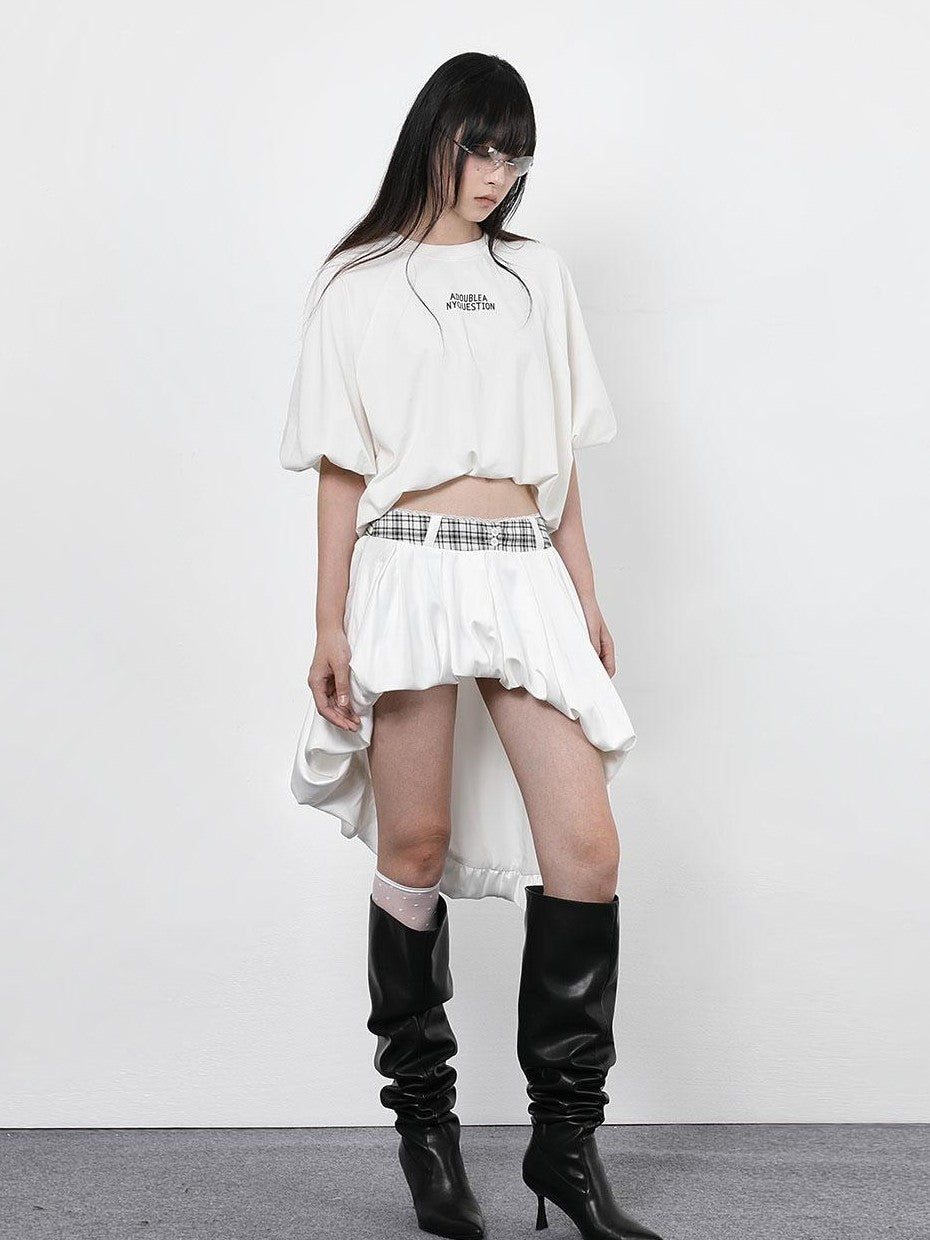 ANYQUESTION Black White Plaid Waist Panel Uneven Tulip Hem Women&