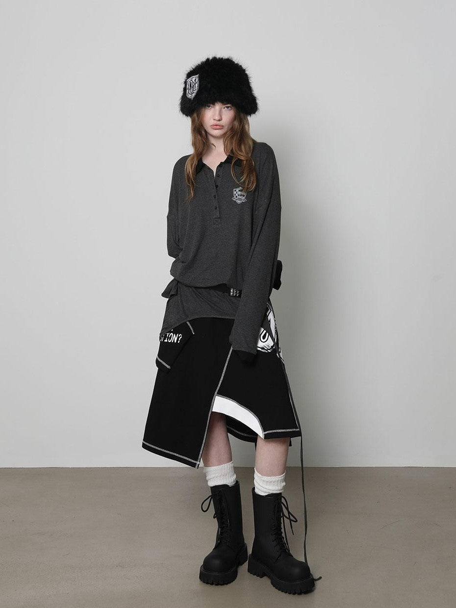 ANYQUESTION Black White Print Patchwork Irregular Deconstructed Overlay Women&