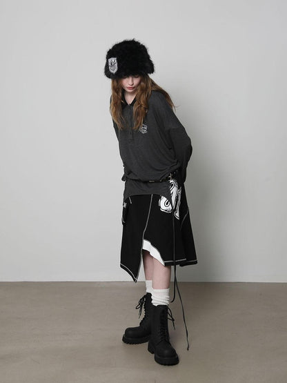 ANYQUESTION Black White Print Patchwork Irregular Deconstructed Overlay Women&