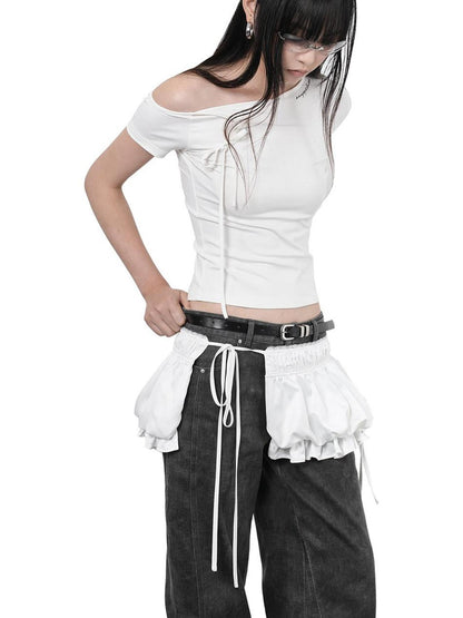 ANYQUESTION Black White Ruched Lace Tie Adjustable Waist Tulip Women&