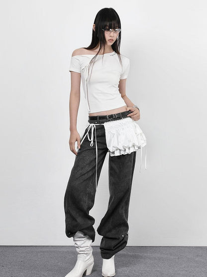 ANYQUESTION Black White Ruched Lace Tie Adjustable Waist Tulip Women&